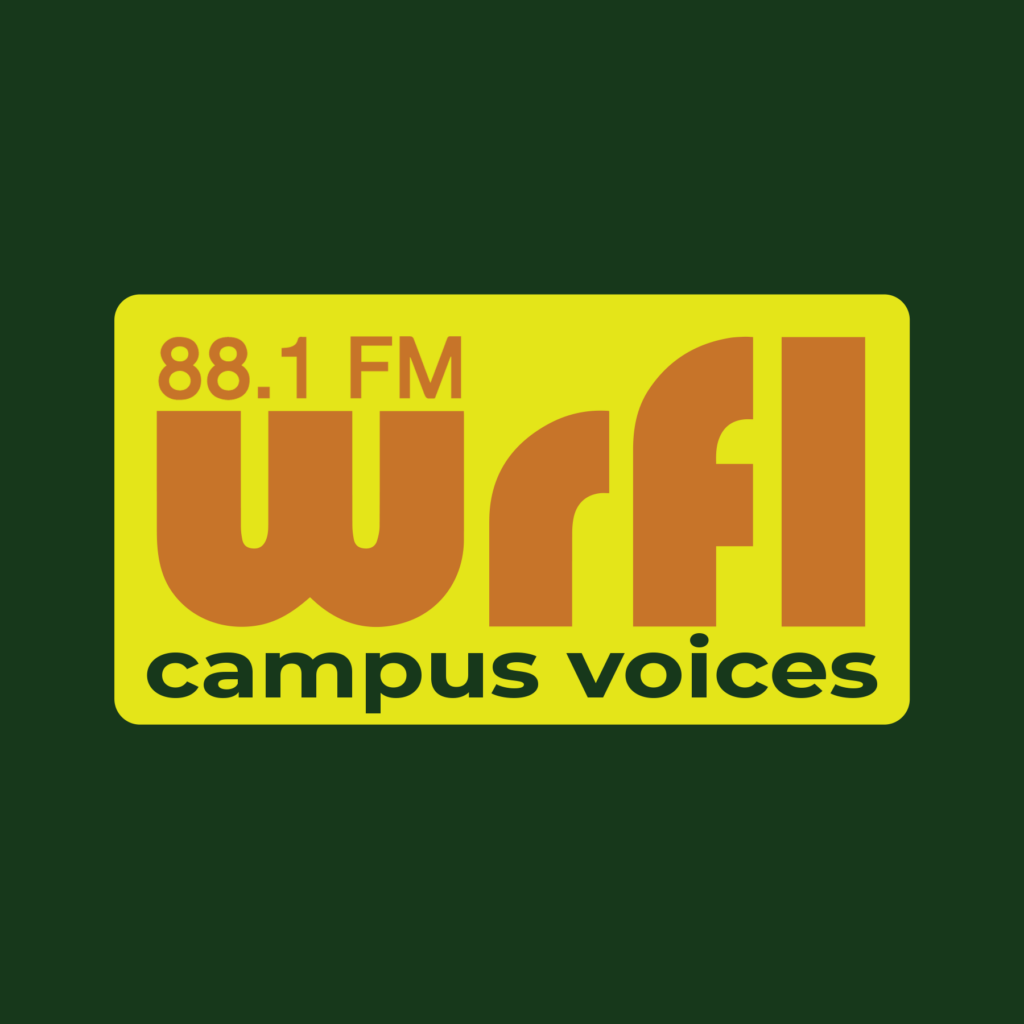 WRFL yellow Campus Voices logo with orange text